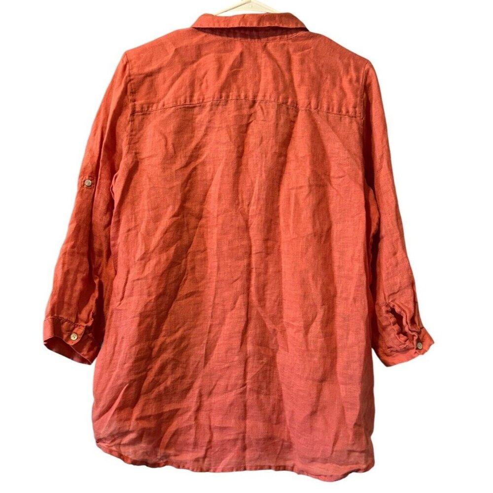 J Jill Sz M Womens Linen Button Down Tunic Top Coarl Pink Shirt Tuxedo Front - Picture 2 of 16